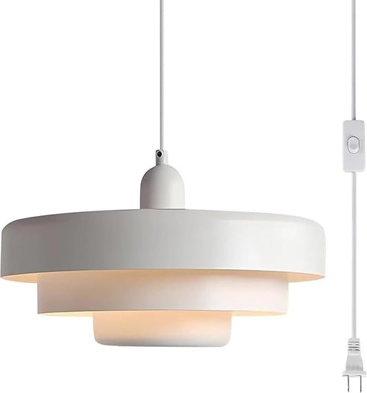Hanging Lamp Plug in White Pendant Light Fixtures Mid Century Modern Pendant Lamp Nordic Style Pendant Lighting Metal Shade for Living Room Dining Room Bedroom Kitchen Island
