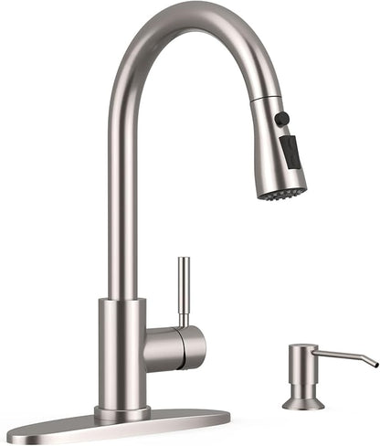 WEWE Kitchen Faucet with Soap Dispenser and Pull Down Sprayer, RV Single Handle Classic 3 Modes Stainless Steel Faucet for Kitchen Sink, RV, Stainless Steel