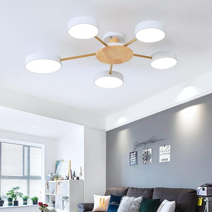 5-Lights LED Ceiling Light Fixture,32 Inch Modern Ceiling Lights Flush Mount Wooden 40W Dimmable Chandelier for Living Room Bedroom Kitchen,3000K/4000K/6000K White