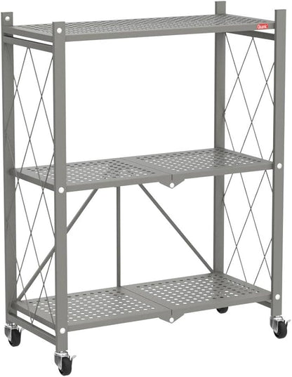 DEANIC 3 Tier Foldable Storage Shelves with Wheels, Kitchen Appliance Stand, Freestanding Metal Wire Shelf Rack, No Assembly Organizer Rolling Cart for Garage, Basement, Pantry(Grey)