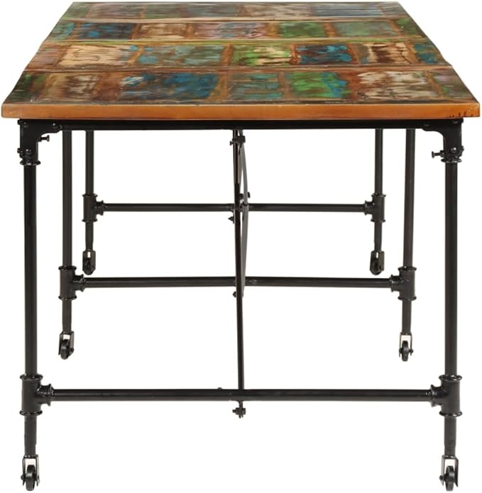 Multicolor Industrial Dining Table, Solid Reclaimed Wood with Metal Legs, Rustic Finish, 86.6 in Long Kitchen & Dining Piece, Seats 8 for Family Dinner Parties