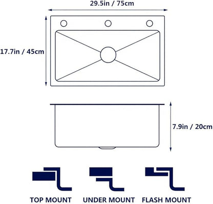 ARTLINE Drop In Stainless Steel Kitchen Sink, 3 Hole Topmount Single Bowl Workstation Sink, Farmhouse Workstation sink with Multiple Accessories (29.5 x 17.7in)
