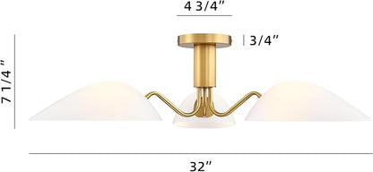 MEXO Modern Gold 3-Light Ceiling Light with Opal White Glass Shade Semi Flush Mount Ceiling Light for Living Room Hallway Sputnik Chandelier Lighting Fixture