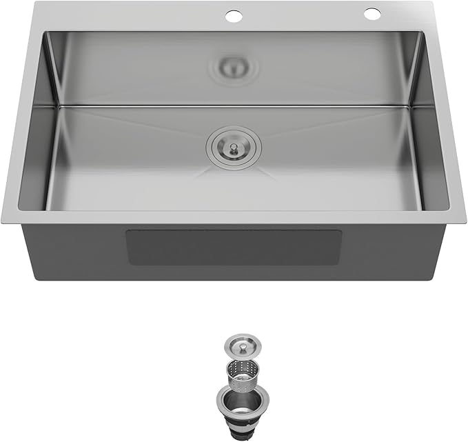 33x22 Drop In Kitchen Sink - 33 Inch Stainless Steel Sinks Topmount 18 Gauge 304 Single Bowl Kitchen Sink 9" Deep Basin with Drain Assembly