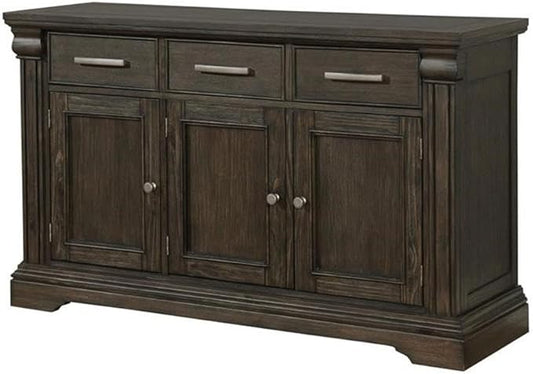 BOWERY HILL Transitional Solid Wood Buffet Server, Espresso Finish, 60" W x 18" D x 36" H, 3-Drawer Storage with Shelves and Cabinet, Fluted Column Accents, Metallic Hardware, Dining Room Sideboard