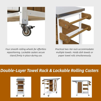 MERITLINE Foldable Outdoor Kitchen Island with Stainless Steel Top, Lockable Rolling Casters & Towel Rack, Mobile BBQ Prep Cart with Open Shelves and Hidden Cabinet for Patio, Balcony, White+Brown