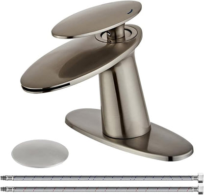 Wovier Brushed Nickel Waterfall Bathroom Sink Faucet,Single Handle Single Hole Brass Lavatory Vanity Faucet,Slanted Body Basin Mixer Tap with Supply Hose and Pop Up Drain Assembly