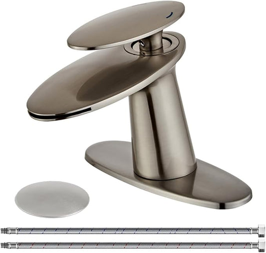 Wovier Brushed Nickel Waterfall Bathroom Sink Faucet,Single Handle Single Hole Brass Lavatory Vanity Faucet,Slanted Body Basin Mixer Tap with Supply Hose and Pop Up Drain Assembly