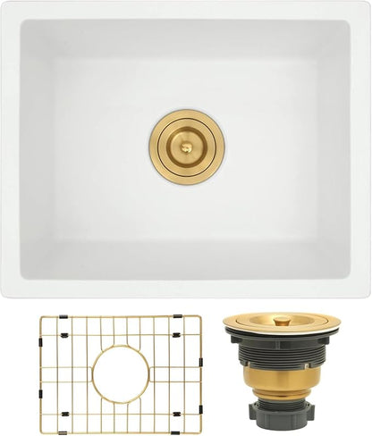 White Bar Sink 18 x 14 Inch, White Granite Composite Undermount Kitchen Sinks, 18 Inch Quartz Stone Kitchen Sink With Gold Sink Drain Assembly and Gold Sink Bottom Grid