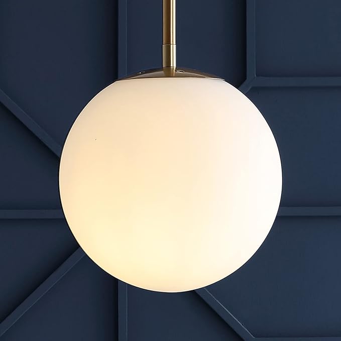 JONATHAN Y 7.75" White/Brass Gold Modern Globe LED Pendant Light, Industrial Hanging Ceiling Lamp for Kitchen Island, White Glass Globe Shade, LED Bulb Included JYL9528A