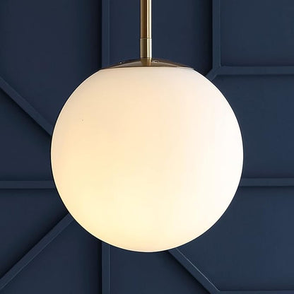 JONATHAN Y 7.75" White/Brass Gold Modern Globe LED Pendant Light, Industrial Hanging Ceiling Lamp for Kitchen Island, White Glass Globe Shade, LED Bulb Included JYL9528A