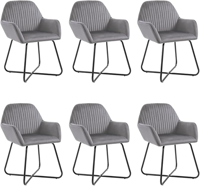 Set of 6 Grey Velvet Dining Chairs 24x24x33 in Powder-Coated Steel Frame Modern Accent Seat for Dining Room Kitchen Living Room Comedor