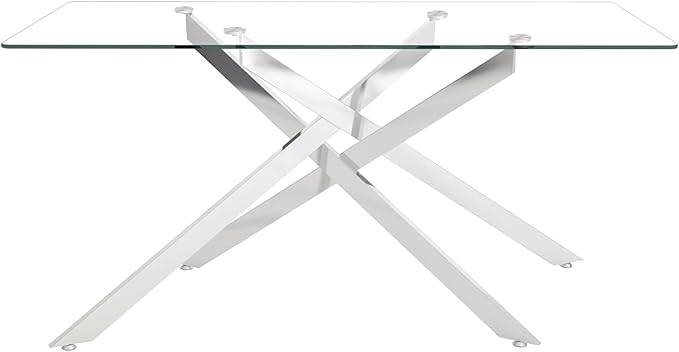 61" Glass Dining Table for 6, Modern Kitchen Dining Room Table with Rectangular Tempered Glass Top and X Metal Legs, Large Silver Glass Dinner Table for Kitchen