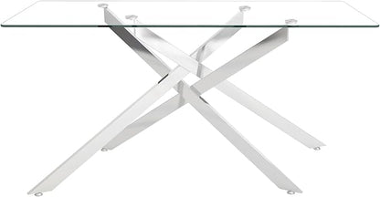 Glass Dining Table,60.63'' Rectangular Dining Kitchen Table,Modern X-Design Dining Room Table with Silver Stainless Steel Base for Dining Room (Silver,61'')