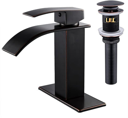 VOTON Bathroom Faucets Oil Rubbed Bronze Modern Waterfall Bathroom Sink Faucet Single Handle Bathroom Faucet for 1 or 3 Holes with Deck Plate and Pop-Up Drain, Rv Sink Camper Farmhouse Faucet