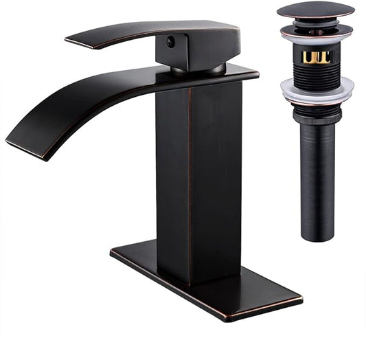 VOTON Bathroom Faucets Oil Rubbed Bronze Modern Waterfall Bathroom Sink Faucet Single Handle Bathroom Faucet for 1 or 3 Holes with Deck Plate and Pop-Up Drain, Rv Sink Camper Farmhouse Faucet
