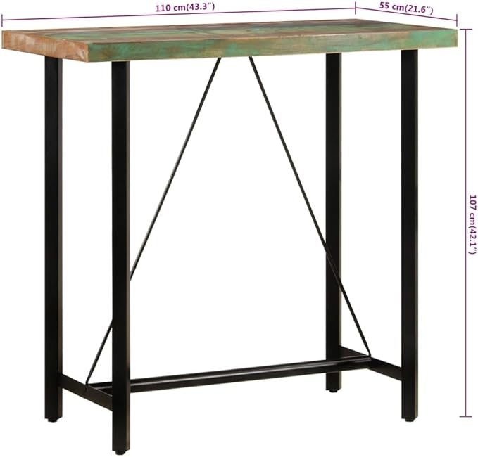 Multicolor Finish Solid Reclaimed Wood Bar Table, Iron Frame Counter Height Dining Kitchen Unit for 4, 43.3x21.7x42.1 Inch Dinner Spot for Dining Room & Kitchen