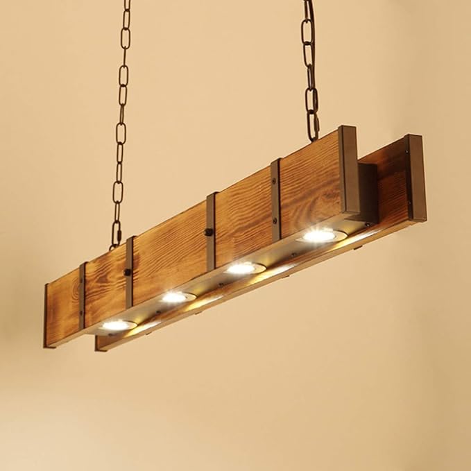 Wood Linear Pendant Lamp, 4 Lights Rustic Linear Chandelier Table Pendant Lamp, Wood Beam Farmhouse Island Hanging Light Fixture for Dining Room Bar Kitchen