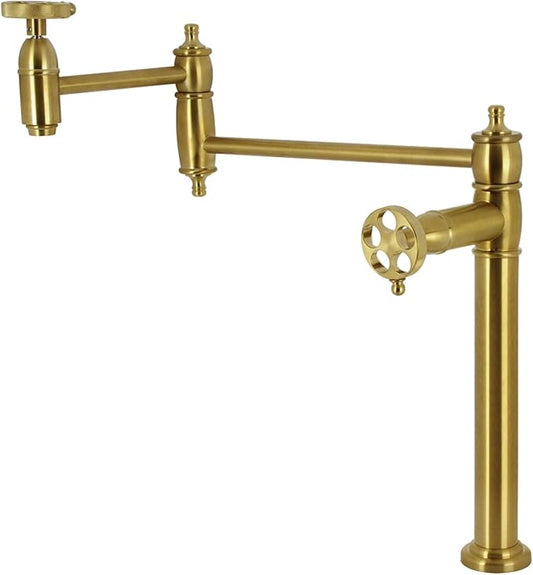 Kingston Brass KS3707RKZ Wendell Two-Handle 1-Hole Deck Mount Pot Filler Faucet with Knurled Handle in Brushed Brass