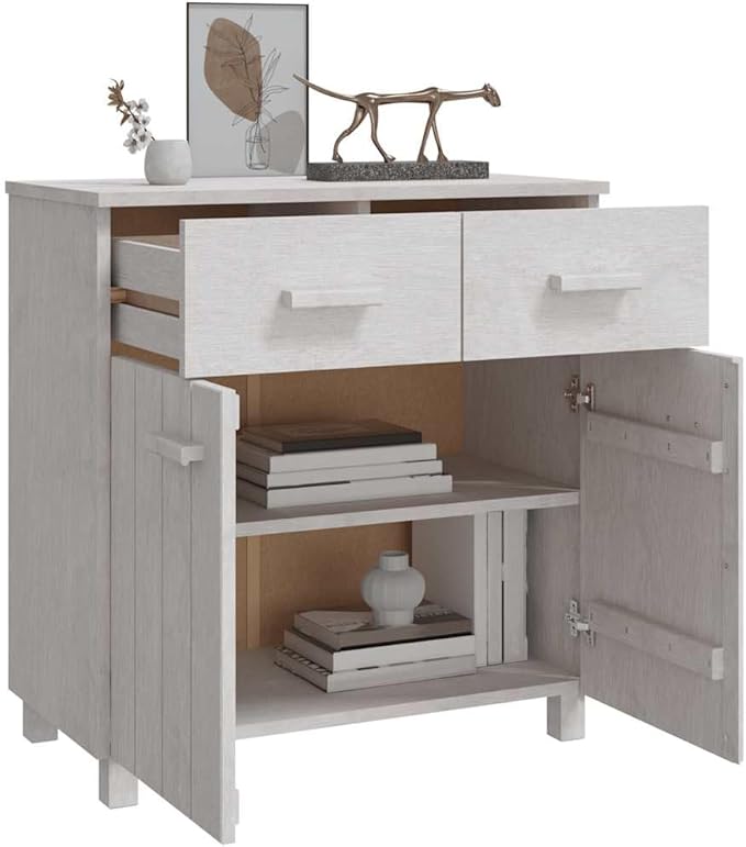 White Sideboard Buffet Cabinet with Storage, Solid Pine Wood Countertop, 31.1 x 15.7 x 31.5 in, Modern Console Table for Coffee Station, Dining Room, Kitchen or Entryway
