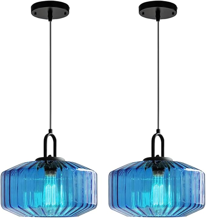 Large Modern Pendant Light Fixtures Dining Room Vintage Glass Ceiling Pendant Lighting Kitchen Sink Blue Hand Blown Glass Shade Black Finish Adjustable Cord Hanging Pendant Light