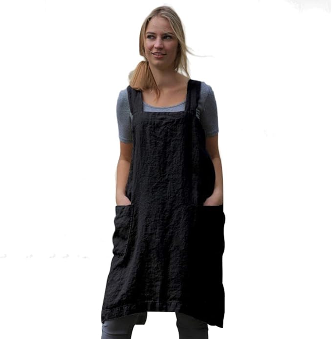 Larmliss Women's Pinafore Square Apron Baking Cooking Gardening Works Cross Back Cotton/Linen Blend Dress with 2 Pockets