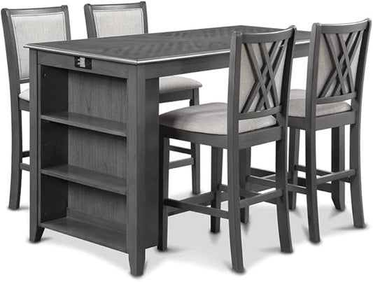 New Classic Furniture Amy Kitchen Counter Island Dining Table for 4 with Storage Shelf & USB Chargers, Contemporary Gray