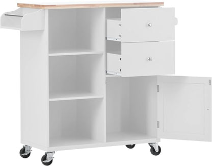 Fashion Store Kitchen Island Cart with Rubber Wood Top and 2 Drawers,4 Wheels and 3 Open Shelves,for Kitchen,Dining Room,Bathroom,Living Room (White@E)