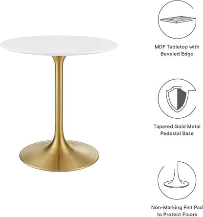 Modway Lippa 28" Mid-Century Modern Dining Table with Round Top in Gold White