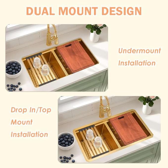 33 Inch Gold Sink Drop-In Topmount Double Bowl, 16 Gauge 50/50 Double Bowl Stainless Steel Workstation Sink, 33" x 22" x 10" Large and Deep Kitchen Sink With Accessories