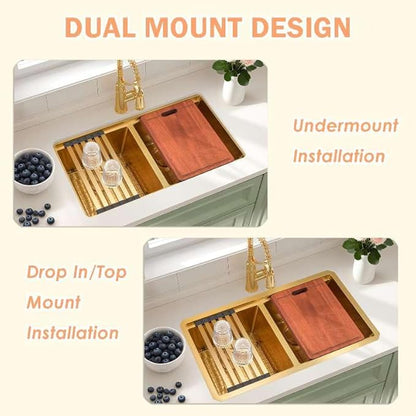 30 Inch Gold Sink Undermount Double Bowl, 16 Gauge 50/50 Double Bowl Stainless Steel Workstation Sink, 30"x18"x10" Large and Deep Kitchen Sink With Accessories