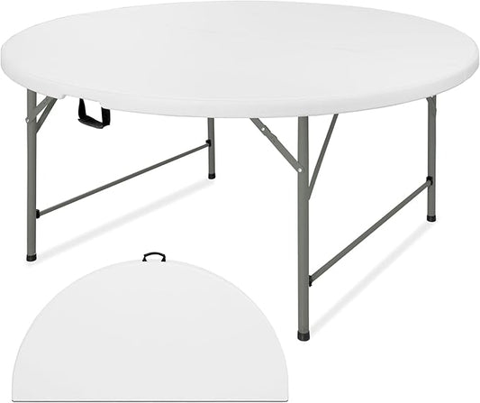 5 FT Round Folding Tables with Carrying Handle 60 inch Heavy Duty Portable Plastic Commercial Table Steel Legs for Party, Dining, Wedding, Events, Picnic Indoor, Outdoor (White,1 Pack)