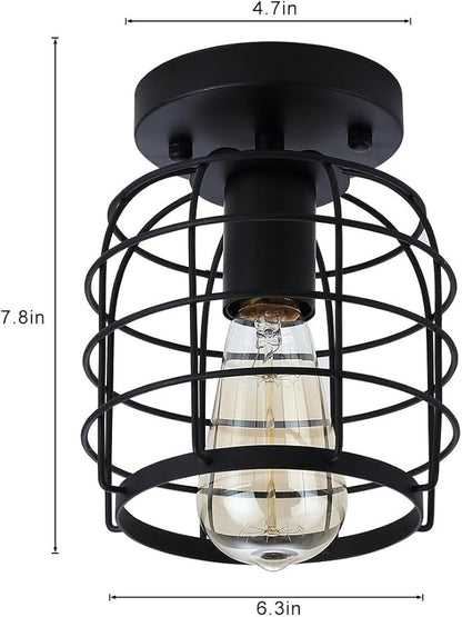 Create For Life® Industrial Vintage Flush Mount Ceiling Light,Rustic Metal Cage Semi Flush Mount Ceiling Lamp Fixture for Hallway Stairway Kitchen Garage, E26, Black Finish,2 Pack