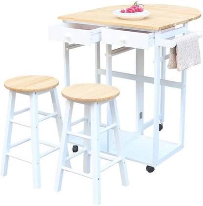 FCH Folding Dining Table and Chair Set, Solid Wood Drop Leaf Breakfast Cart Table Set Kitchen Trolley Island Cart with 2 Round Stools and 2 Drawers for 2