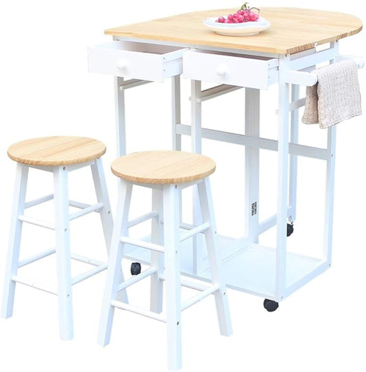 FCH Folding Dining Table and Chair Set, Solid Wood Drop Leaf Breakfast Cart Table Set Kitchen Trolley Island Cart with 2 Round Stools and 2 Drawers for 2
