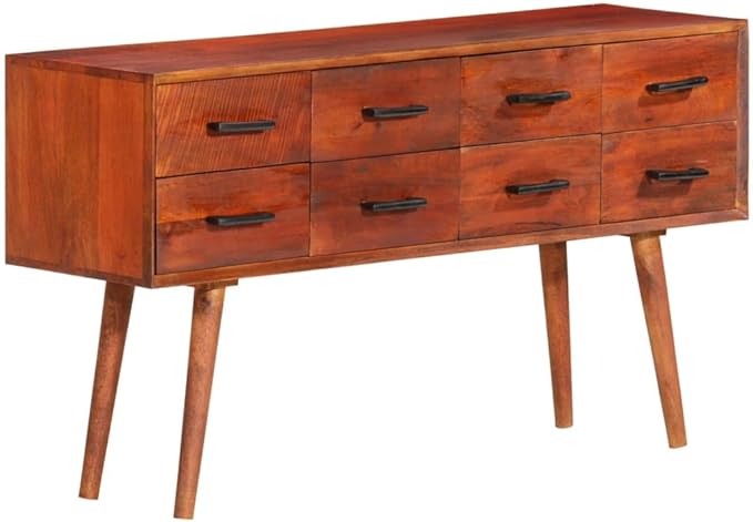 Solid Mango Wood Sideboard Buffet Cabinet 43.3" L, 8-Drawer Coffee Bar Storage Console Table with Iron Frame, Stained Brown, Wall-Mountable, for Living Room & Kitchen