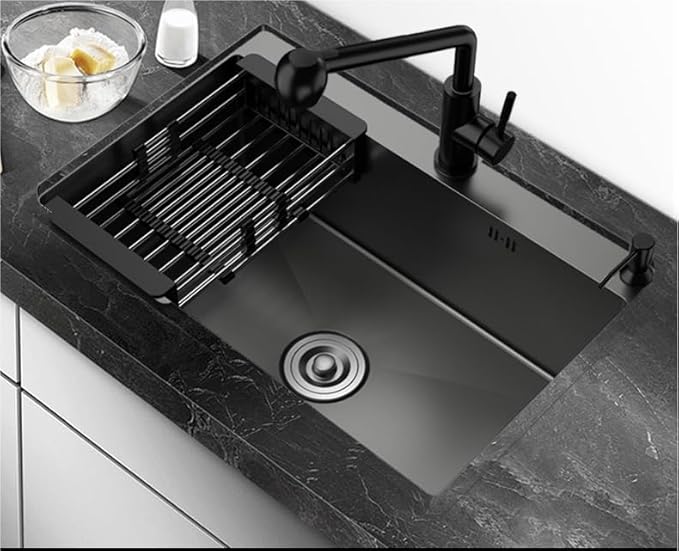 Black Drop in Kitchen Sink, 30x18 Inch Stainless Steel Single Bowl Kitchen Sinks, Topmount 18 Gauge Metal Laundry Sink with Drain Basket and Strainer Mesh Set