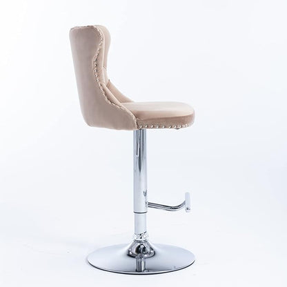 Rhomtree Velvet Swivel Bar Stools Upholstered Bar Stool with Button Tufted Back and Pull Ring Height Adjustable Barstools 25-33 Inch for Home Pub and Kitchen Island (Khaki with Silver Base, Set of 8)