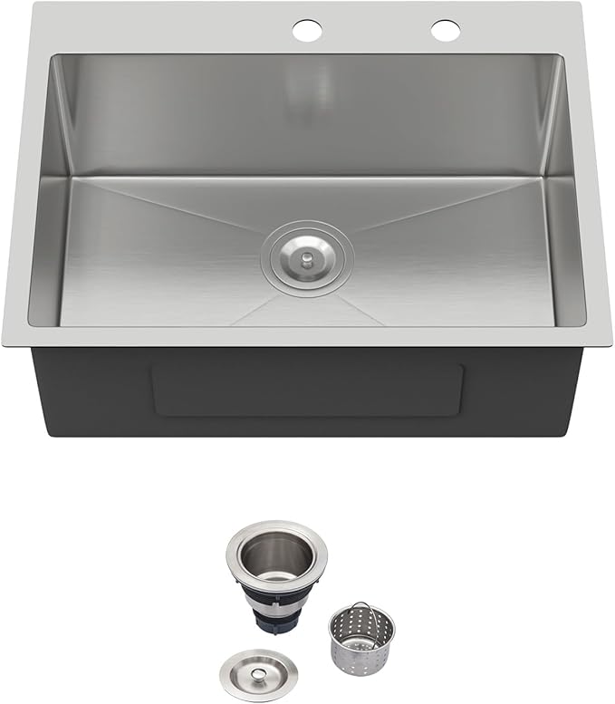 24x18 Drop in Kitchen Sink 24 Inch Stainless Steel Sinks 16 Guage 304 Single Bowl 9'' Deep Sinks with Drain Assembly LMT24189