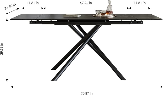 Runboll 47"-71" Extendable Sintered Stone Dining Table for 4 to 8, Modern Rectangular Kitchen Table with Carbon Steel Legs for Dining Room Family Gathering