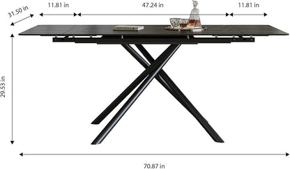 Runboll 47"-71" Extendable Sintered Stone Dining Table for 4 to 8, Modern Rectangular Kitchen Table with Carbon Steel Legs for Dining Room Family Gathering