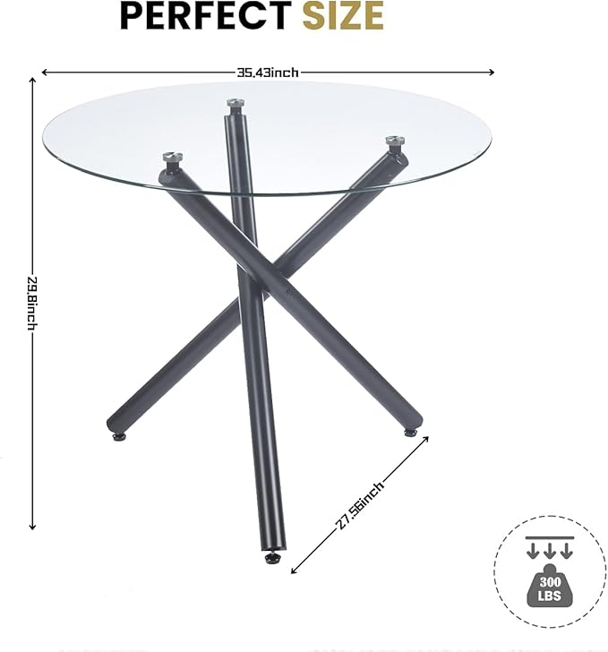 35.4'' Round Dining Table for 4 or 2, Glass Small Kitchen Table with Black Metal Tube Legs for Dining Room Living Room, Round Accent Tea Table Circular Dining Table