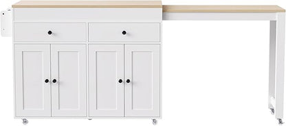 Modern Dining Table 74.5 Inch Kitchen Island with Extendable Table, Rolling Mobile Cart on Wheels with Spice Rack, 2 Drawers, 4 Door, Counter for Living Room,White-MDF