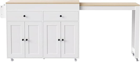 Modern Dining Table 74.5 Inch Kitchen Island with Extendable Table, Rolling Mobile Cart on Wheels with Spice Rack, 2 Drawers, 4 Door, Counter for Living Room,White-MDF