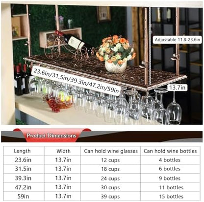 Adjustable Industrial Ceiling Wine Rack & Bar Counter Hanging Stemware Holder, Space-Saving Wine Glass Racks for Kitchen, Cafe, or Home Bar Decor