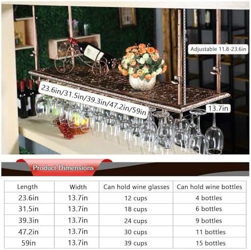 Adjustable Industrial Ceiling Wine Rack & Bar Counter Hanging Stemware Holder, Space-Saving Wine Glass Racks for Kitchen, Cafe, or Home Bar Decor