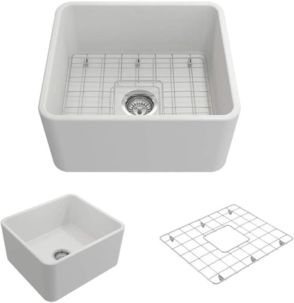BOCCHI Classico Apron Front Fireclay 20 in. Single Bowl Kitchen Sink with Protective Bottom Grid and Strainer in Matte White