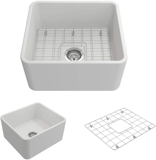 BOCCHI Classico Apron Front Fireclay 20 in. Single Bowl Kitchen Sink with Protective Bottom Grid and Strainer in Matte White
