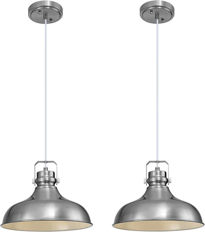 Brushed Nickel Farmhouse Pendant Lights Matte Pendant Lighting for Kitchen Island Industrial Adjustable Height Vintage Dome Hanging Light Fixtures for Barn, Dining Room 2 Packs