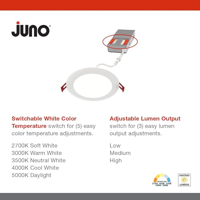 Juno LED Recessed Lights 6 Inch Round Baffle Wafer Downlight, 5-in-1 Switchable White Color Temperature, Adjustable Brightness, 120 Volts, 6-Inch Flat Trim, 12 Pack, Matte White